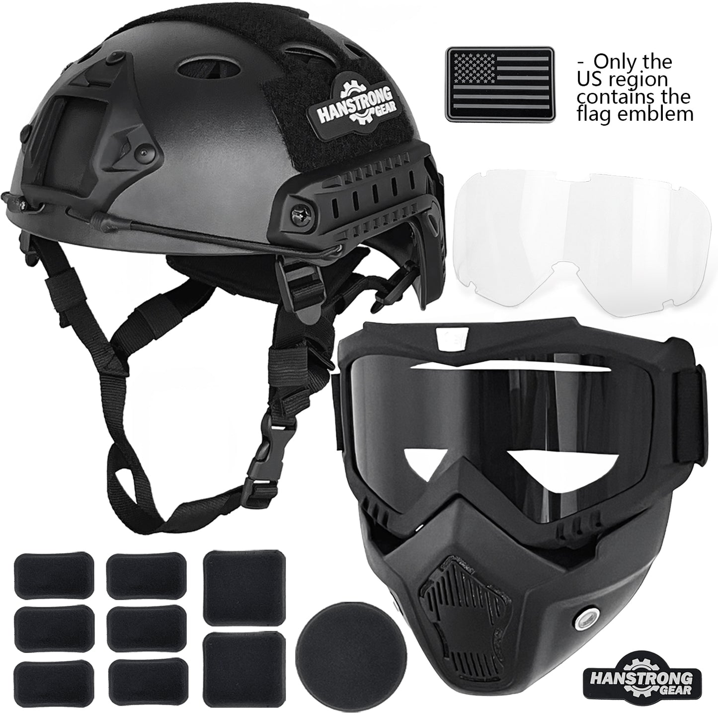 Airsoft Helmet and Mask Tactical Paintball Black PJ Type Fast Helmet with Detachable Adjustable Goggles Airsoft Full Face Masks Protection Military Tactical Gear