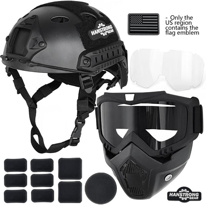 Airsoft Helmet and Mask Tactical Paintball Black PJ Type Fast Helmet with Detachable Adjustable Goggles Airsoft Full Face Masks Protection Military Tactical Gear