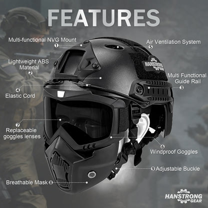 Airsoft Helmet and Mask Tactical Paintball Black PJ Type Fast Helmet with Detachable Adjustable Goggles Airsoft Full Face Masks Protection Military Tactical Gear