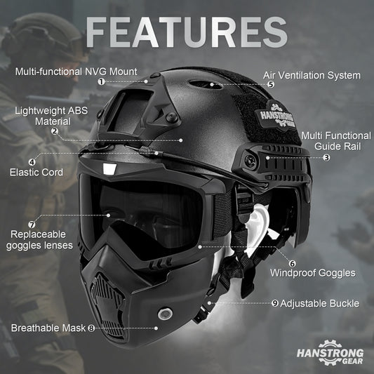 Airsoft Helmet and Mask Tactical Paintball Black PJ Type Fast Helmet with Detachable Adjustable Goggles Airsoft Full Face Masks Protection Military Tactical Gear
