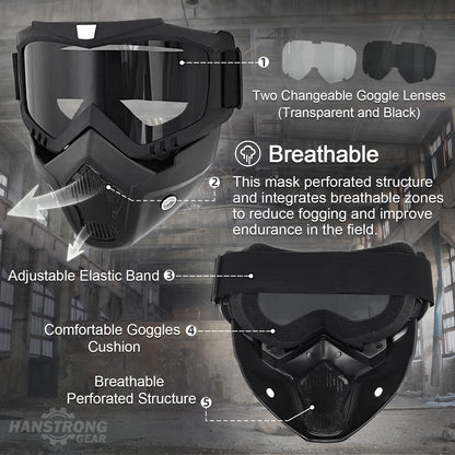 Airsoft Helmet and Mask Tactical Paintball Black PJ Type Fast Helmet with Detachable Adjustable Goggles Airsoft Full Face Masks Protection Military Tactical Gear