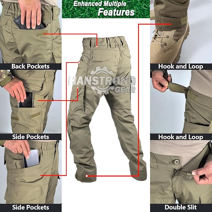 Tactical Airsoft Pants with Protection Knee Pads 10 Multiple Pockets Men Cargo Camouflage Combat Paintball Trousers Elastic Water Resistant Hook & Loop Adjuster Ripstop Heavy Duty Work Stretch