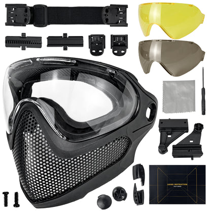 HANSTRONG GEAR Tactical Airsoft Pilot Strong Protection Full Face Mask Dual Mode Goggle System w/ 3 Interchangeable Lenses Attach on Fast Helmet with Adaptors