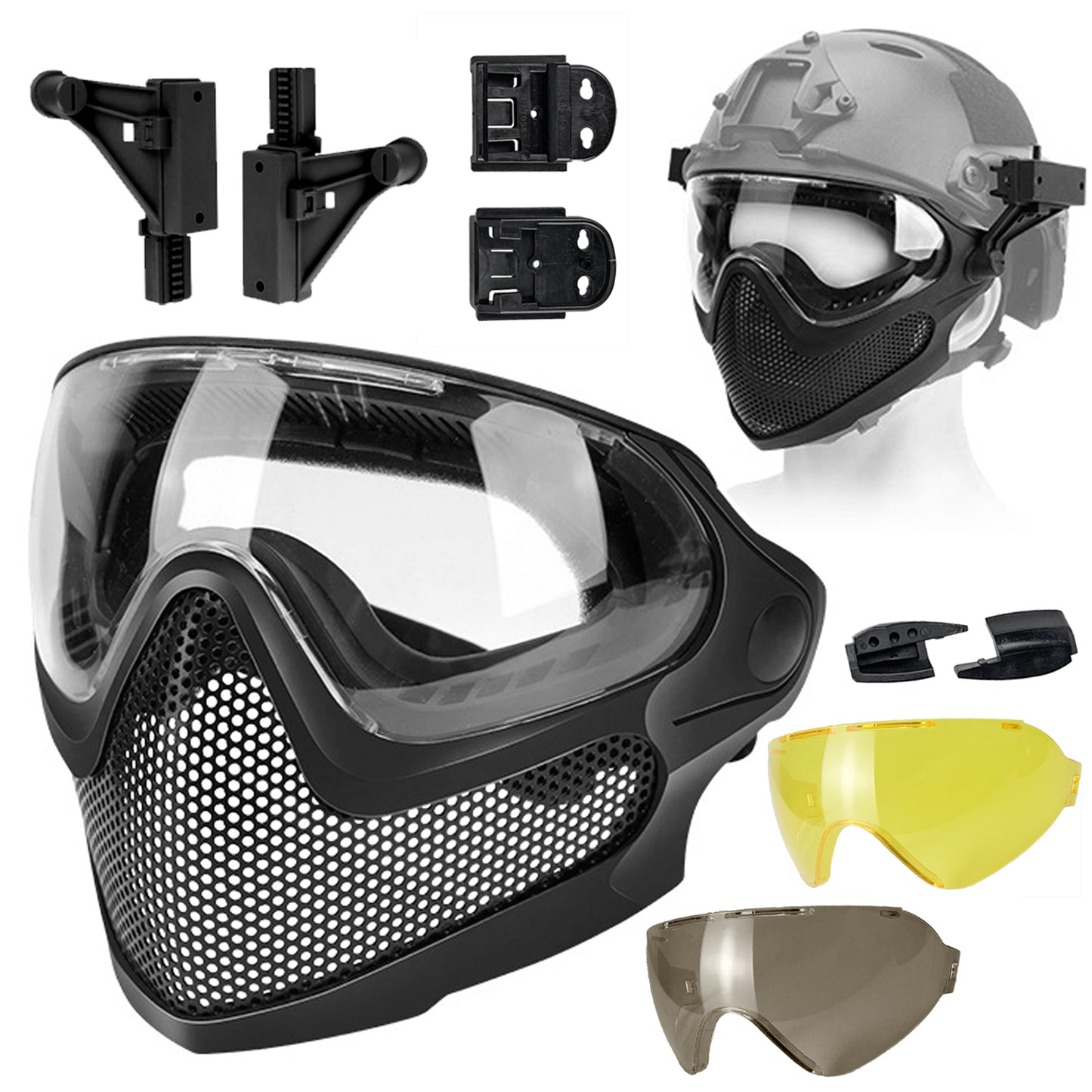 HANSTRONG GEAR Tactical Airsoft Pilot Strong Protection Full Face Mask Dual Mode Goggle System w/ 3 Interchangeable Lenses Attach on Fast Helmet with Adaptors