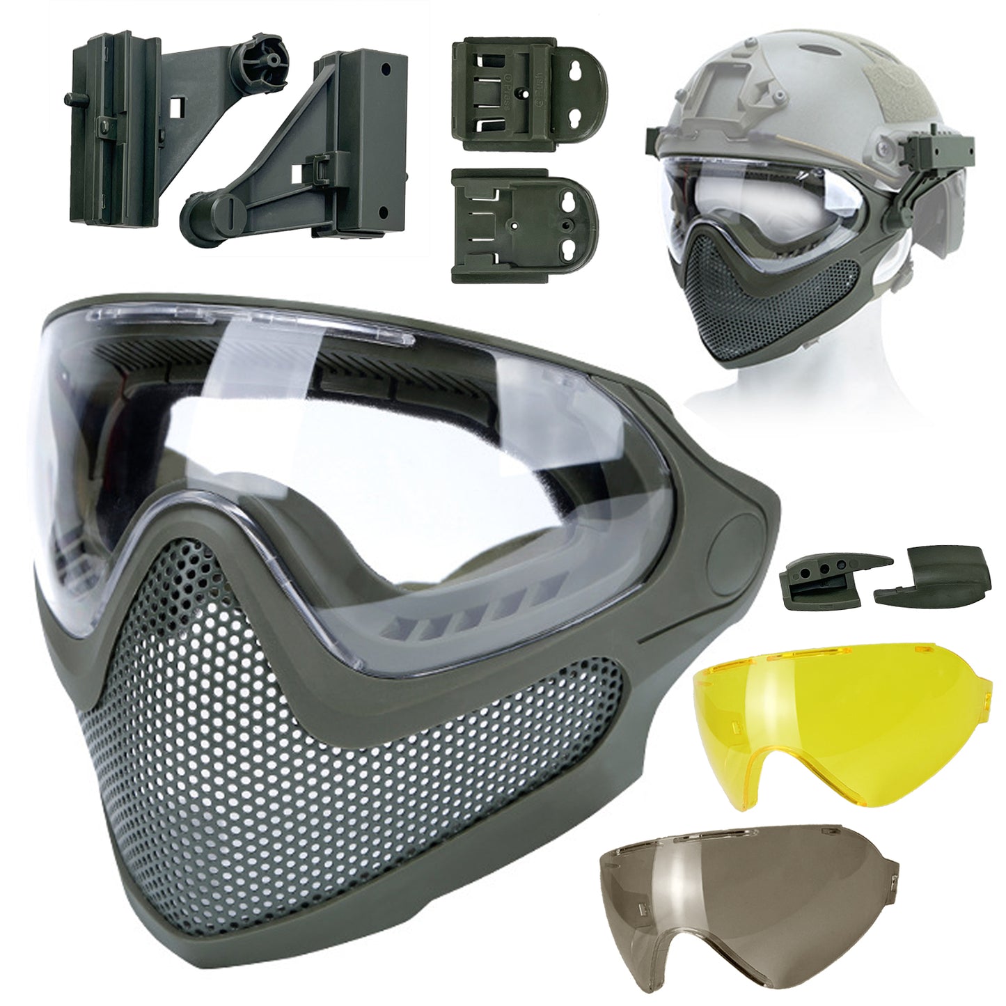 HANSTRONG GEAR Tactical Airsoft Pilot Strong Protection Full Face Mask Dual Mode Goggle System w/ 3 Interchangeable Lenses Attach on Fast Helmet with Adaptors