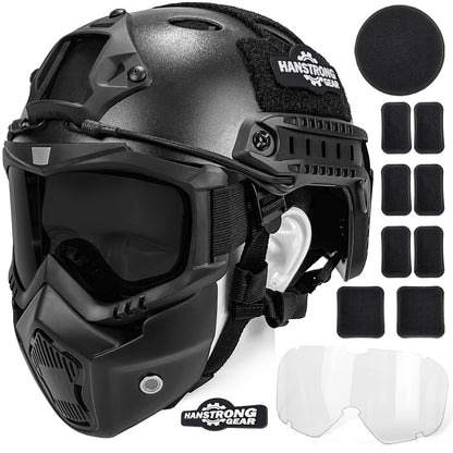 Airsoft Helmet and Mask Tactical Paintball Black PJ Type Fast Helmet with Detachable Adjustable Goggles Airsoft Full Face Masks Protection Military Tactical Gear