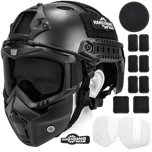 Airsoft Helmet and Mask Tactical Paintball Black PJ Type Fast Helmet with Detachable Adjustable Goggles Airsoft Full Face Masks Protection Military Tactical Gear