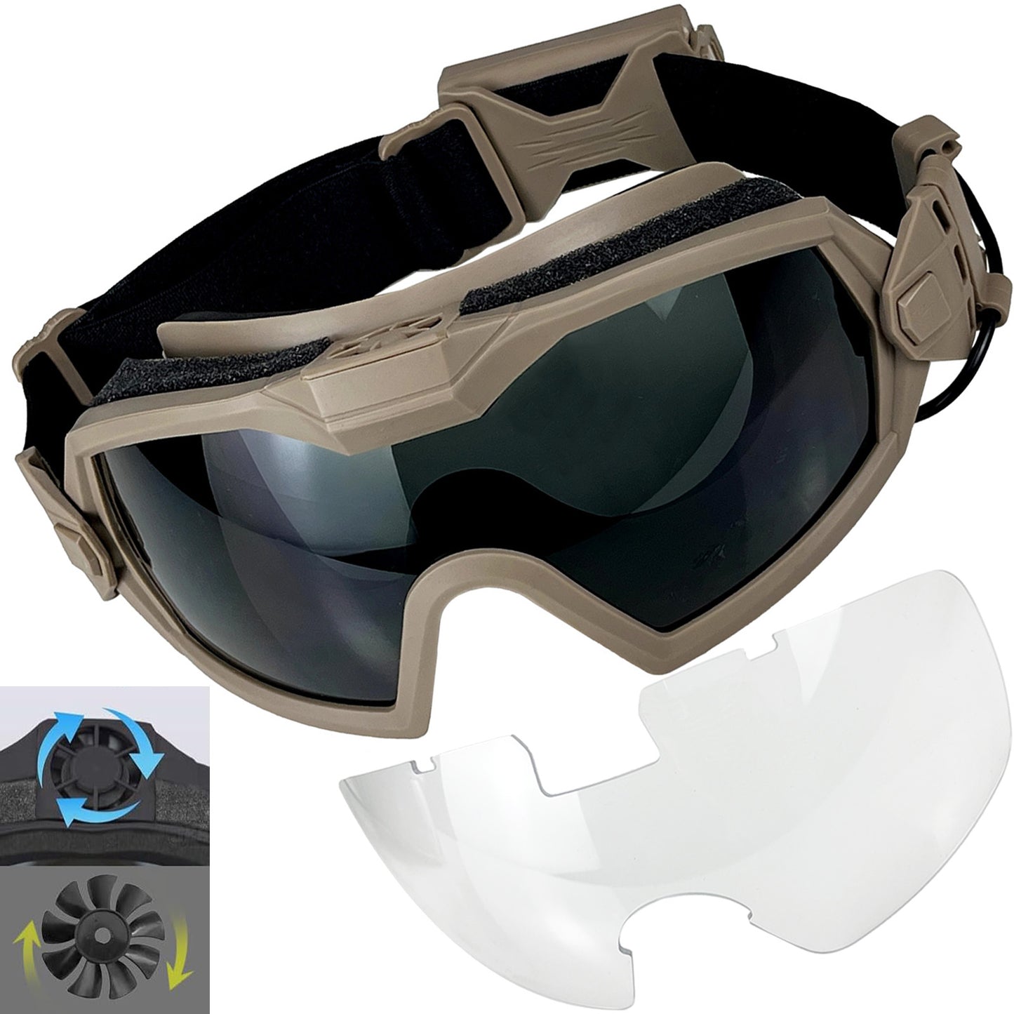 Airsoft Goggles Anti Fog with Fan and Interchangeable Lens Military Shooting Safety Goggles & Glasses for Cycling Paintball Hunting Motorcycle