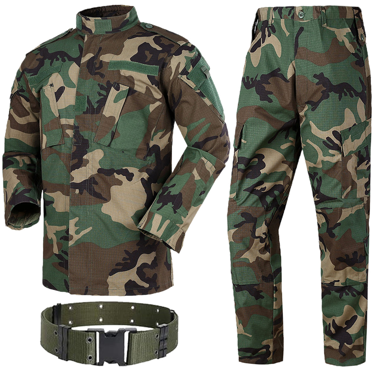 H World Shopping mens Military Tactical Hunting Combat BDU Uniform Shirt Pants Belt Woodland Suit